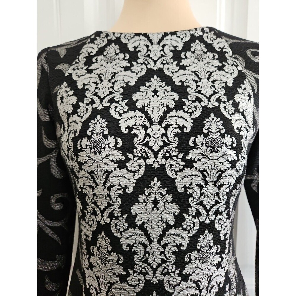 Antonio Melani Metallic Silver Black Filigree Sheath Dress SIZE 2 Long Sleeve - Picture 4 of 9